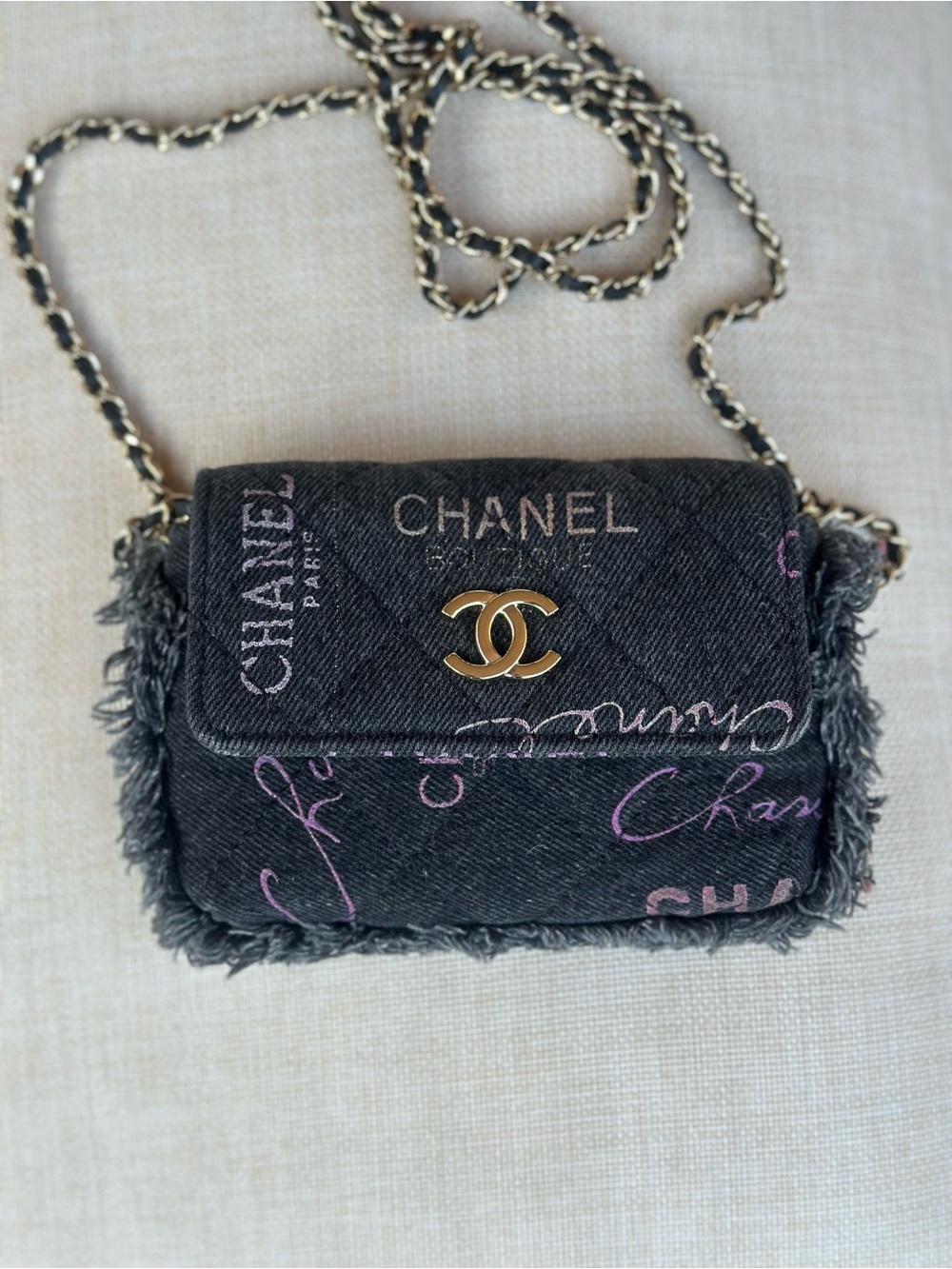 Auth CHANEL Mini Black Denim Fringe Printed Crossbody Bag Handbag a79 - Picture 10 of 16